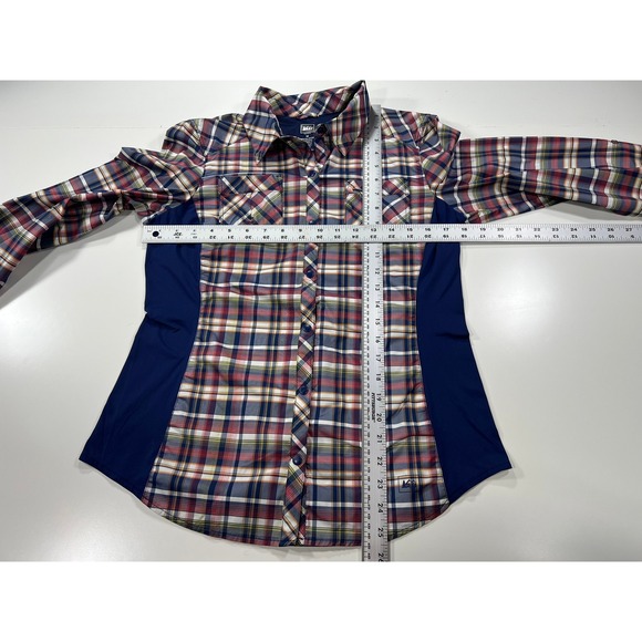 REI Co-op Women's Medium Blue Plaid Button Up Vented Hiking Shirt Roll Tab L/S - Picture 7 of 11